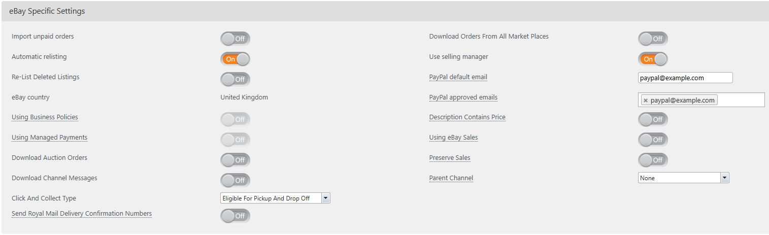 The eBay Specific Settings section of an eBay channel in StoreFeeder, showing toggles for orders, relisting, business policies, managed payments and sales
