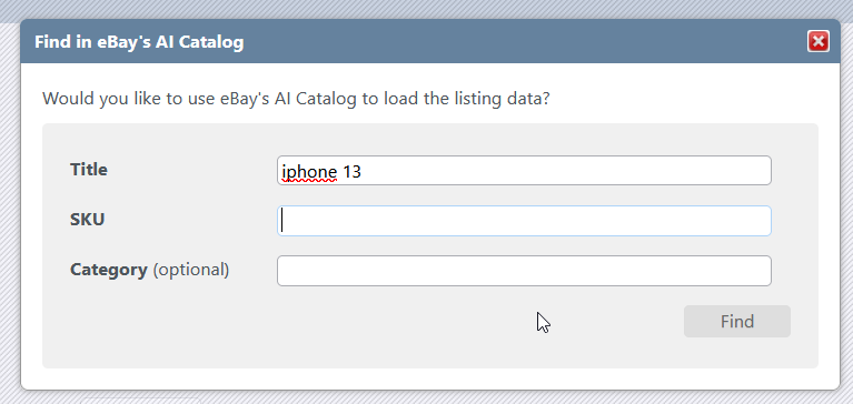 The AI Catalog search window showing the Title, SKU and Category fields and the Find button