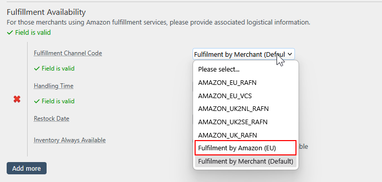 Fulfillment Channel Code list on an Amazon listing with Fulfilment by Amazon (EU) highlighted