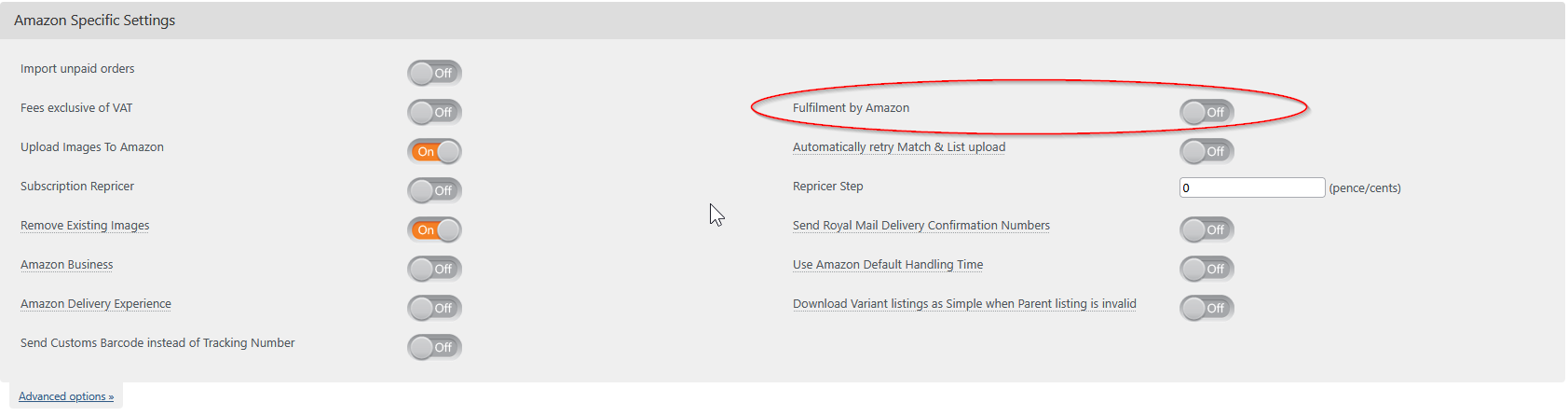 Amazon Specific Settings section of the Amazon integration with the Fulfilment by Amazon toggle circled