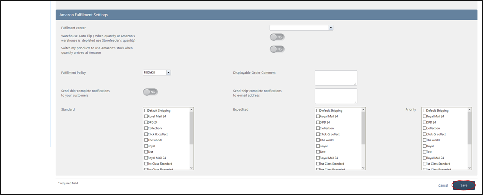 Amazon Fulfilment Settings on a new warehouse, showing the Displayable Order Comment box, ship-complete notification option and Standard, Expedited and Priority shipping method lists